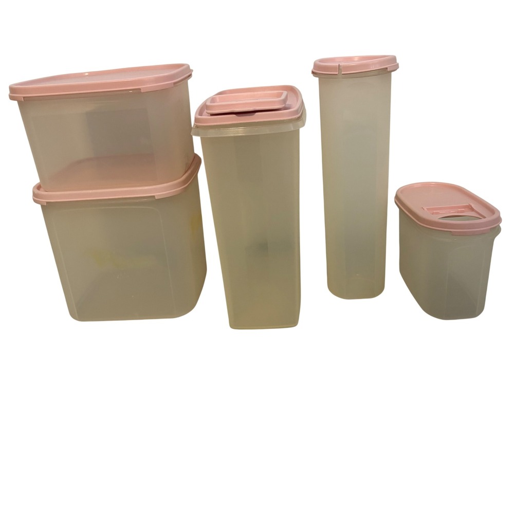Tupperware Modular Mates 5pc Set Pink Lids Square Oval Round Pantry Storage